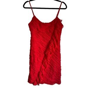 Rebecca Taylor Red 100% Silk ruched Ruffle Mini‎ Dress Size 4 bodycon